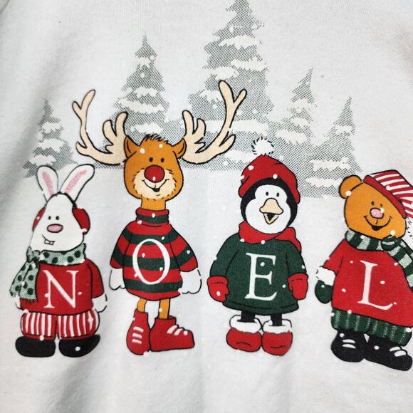 VTG 90s Christmas Sweatshirt Adult XL Noel Bunny Reindeer Bear Graphic Holiday - Picture 3 of 14